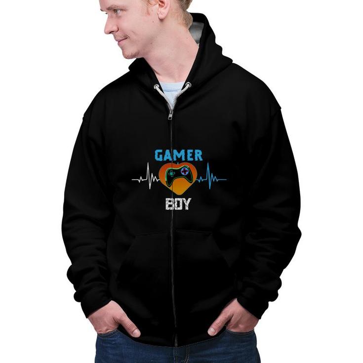 Gamer Boy Heartbeat Birthday Boy Matching Video Gamer Design Zip Up Hoodie