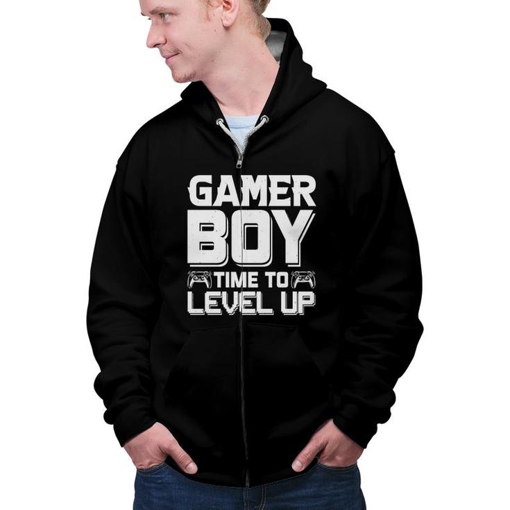 Gamer Boy Time To Level Up White Design Birthday Boy Matching Video Gamer Zip Up Hoodie