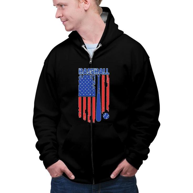 Vintage Cool Baseball American Flag Print Zip Up Hoodie