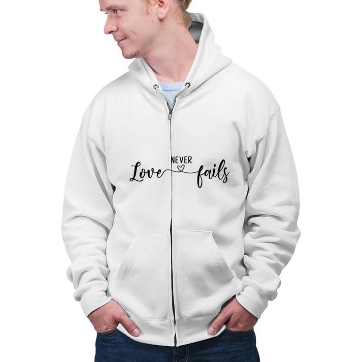 Bible Verse Black Graphic Love Never Fails Christian Zip Up Hoodie