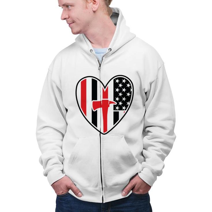 Firefighter Usa Flag Red Heart Gift For Firefighter Zip Up Hoodie