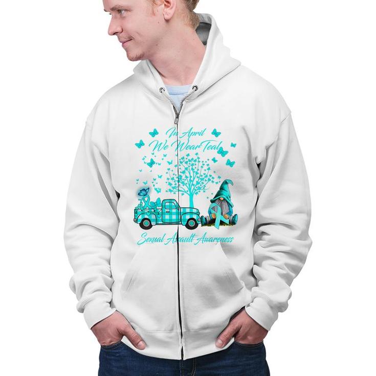 Gnomes In April We Wear Teal Sexual Assault Awareness Gifts  Zip Up Hoodie