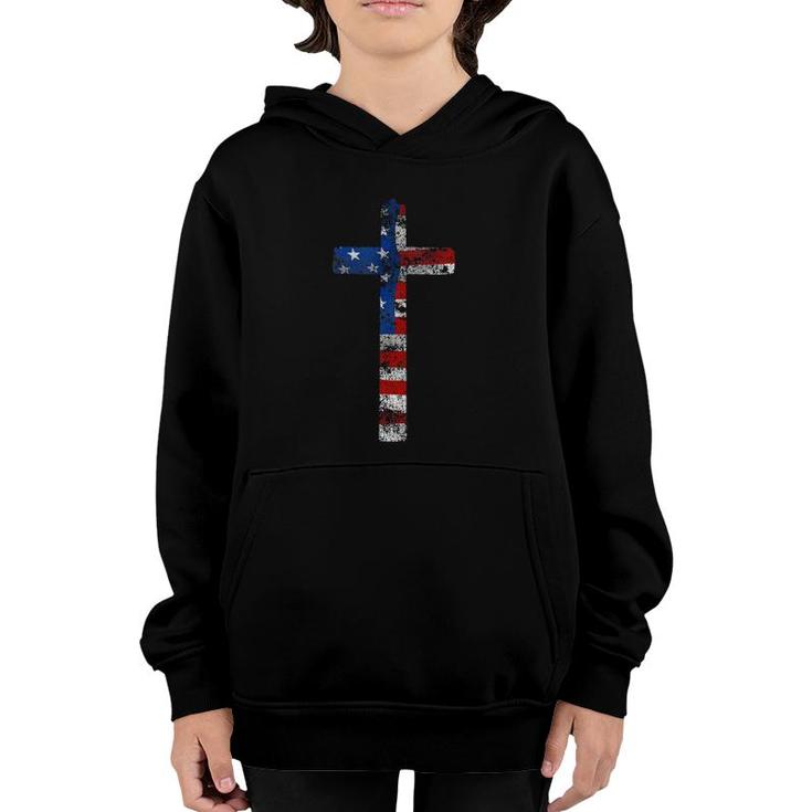 American Flag Usa Cross Christian Faith Patriotic Gift  Youth Hoodie