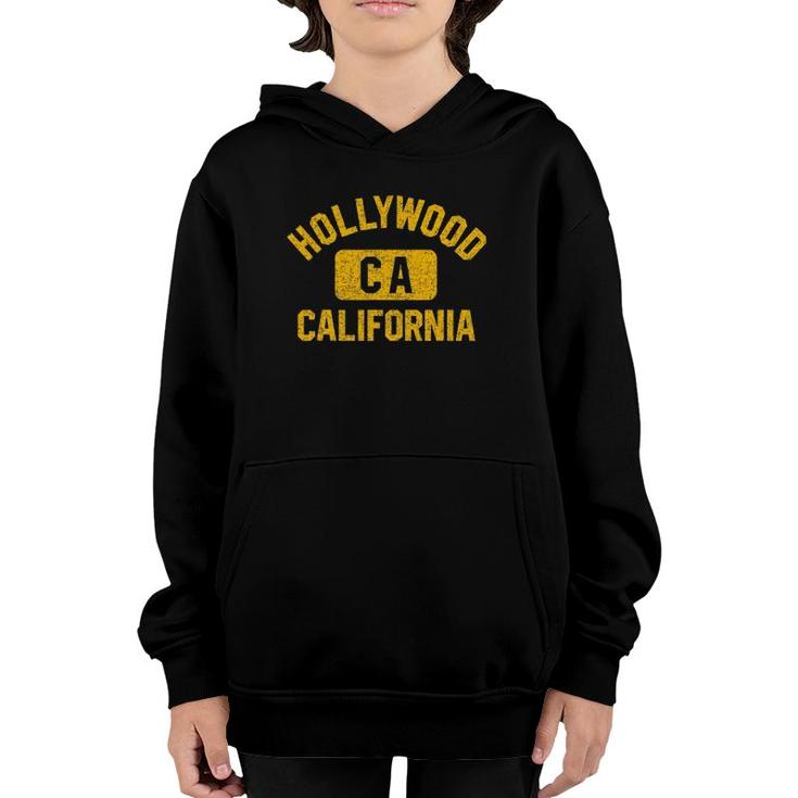 Hollywood Ca California Gym Style Distressed Amber Print Youth Hoodie