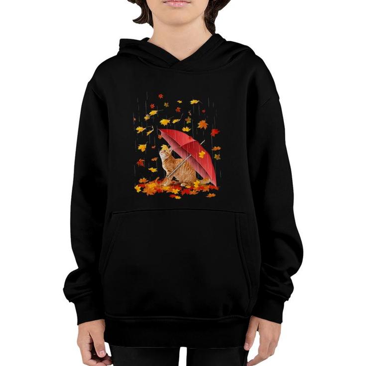 Maple Cat And Umbrella Leaf Fall Hello Autumn Bicycle Gift Youth Hoodie