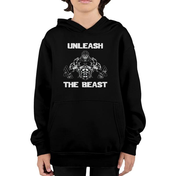 Mens Unleash The Beast Gorilla Body Building Motivation Gift Youth Hoodie