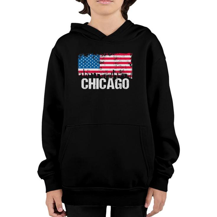Vintage Us Flag American City Skyline Chicago Illinois Youth Hoodie