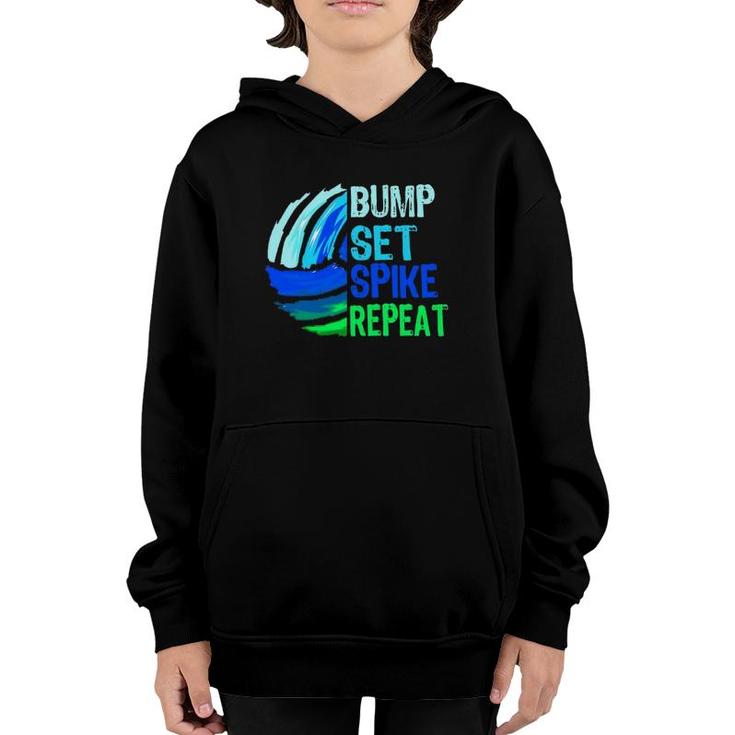 Volleyball Bump Set Spike Repeat Blue Green For Teenagers Youth Hoodie