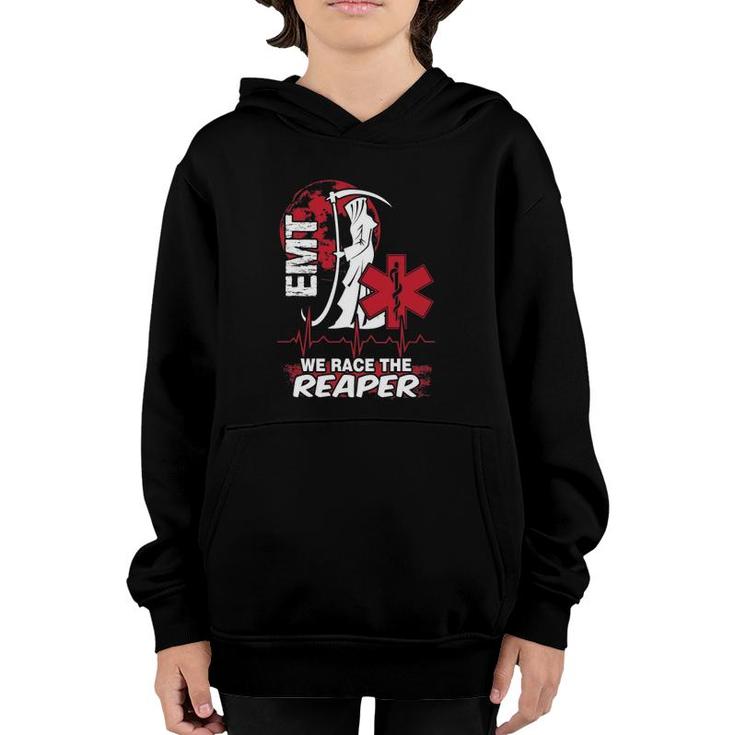 We Race The Reaper Funny Emt Youth Hoodie
