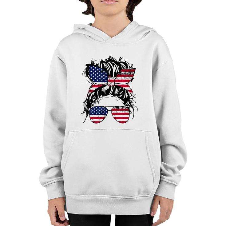 4Th Of July American Flag Patriotic Daughter Messy Bun Usa Youth Hoodie
