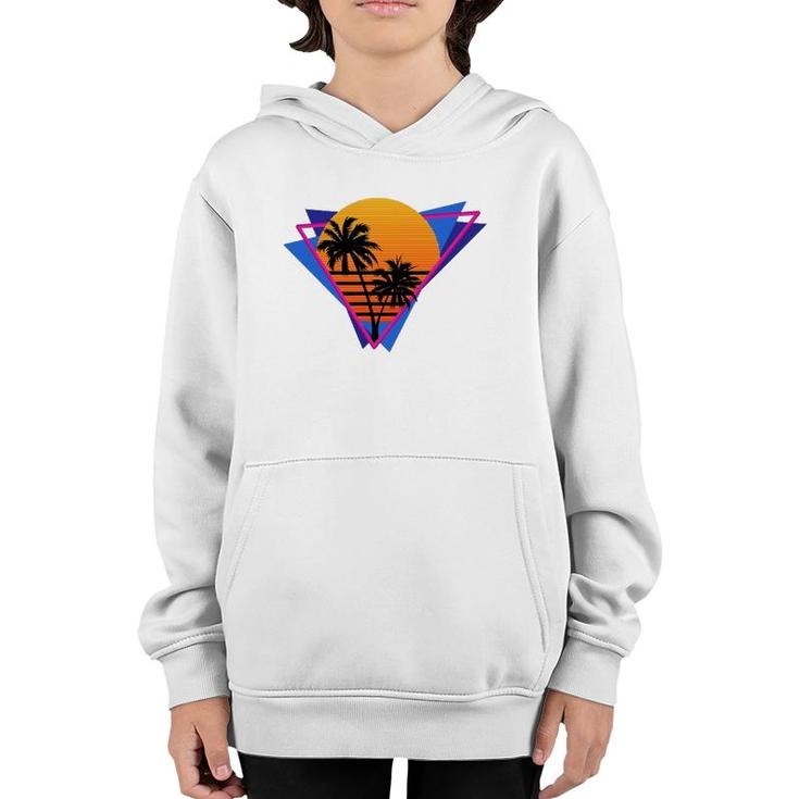 80S Style Synthwave Retrowave Aesthetic Palm Tree Sunset Youth Hoodie