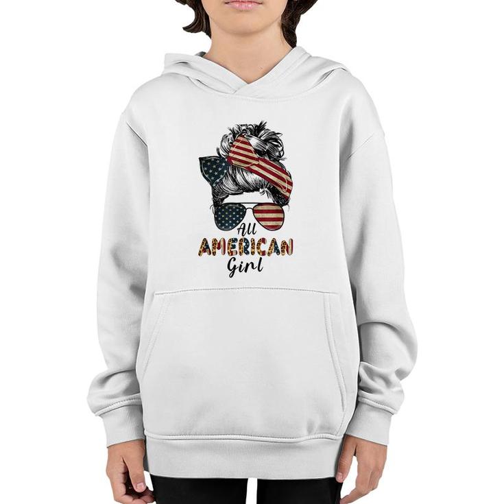 All American Girl Messy Bun Matching Family 4Th July Retro  Youth Hoodie