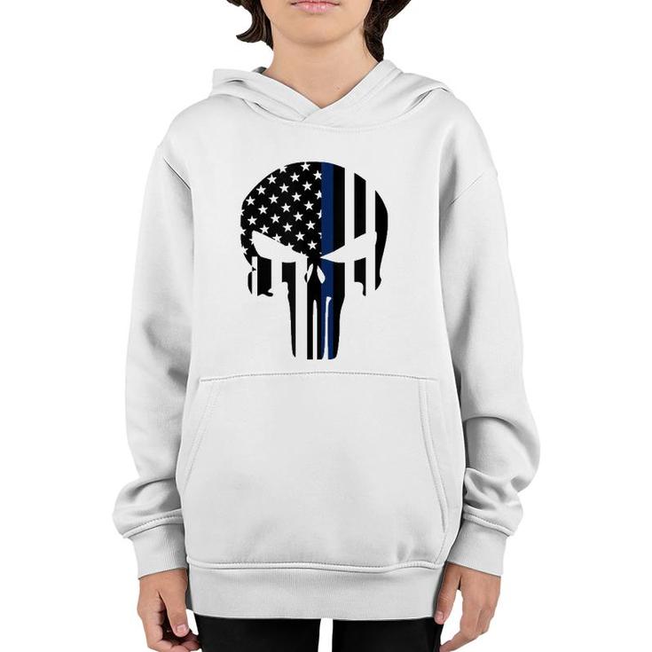 Blue Line American Skull Flag Support Police  Youth Hoodie
