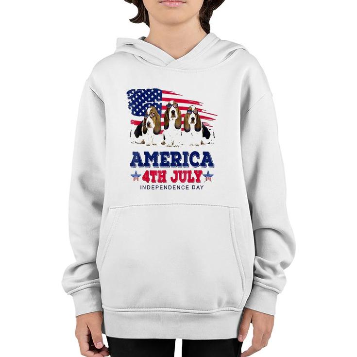 Funny Basset Hound With Us American Flag 4Th Of July Youth Hoodie