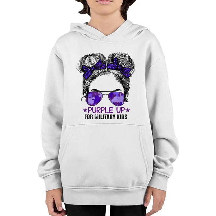 Purple Up For Military Kids - Cute Messy Bun Military Kids  Youth Hoodie