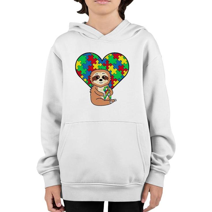Sloth Heart Puzzle Piece Ribbon Cool Autism Awareness Gift Youth Hoodie