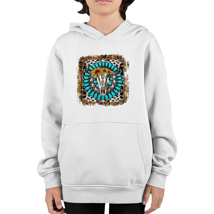 Western Boho Leopard Turquoise Cow Bull Skull Rodeo Girl Mom  Youth Hoodie