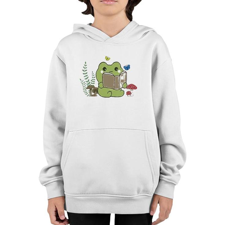 Womens Cute Frog Reading A Book On Mushroom Cottagecore Aesthetic V-Neck Youth Hoodie