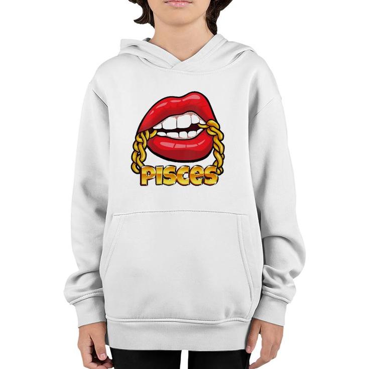 Womens Juicy Lips Gold Chain Pisces Zodiac Sign V-Neck Youth Hoodie