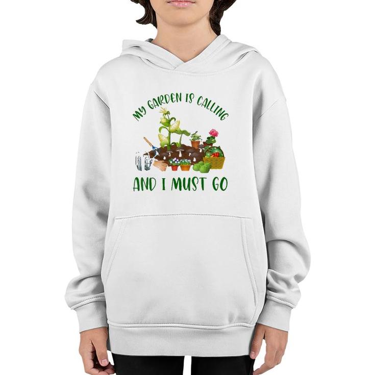 Womens My Garden Is Calling And I Must Go Funny Gardener Gardening V-Neck Youth Hoodie