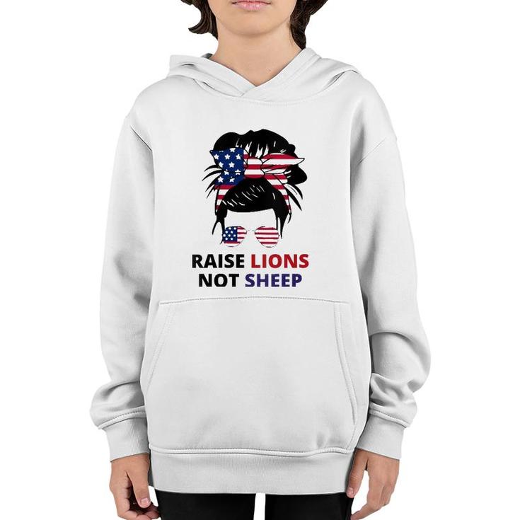 Womens Raise Lions Not Sheep American Flag Sunglasses Messy Bun V-Neck Youth Hoodie