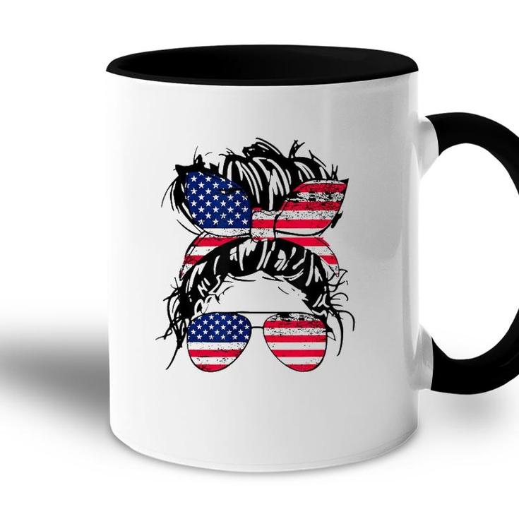 4Th Of July American Flag Patriotic Daughter Messy Bun Usa Accent Mug