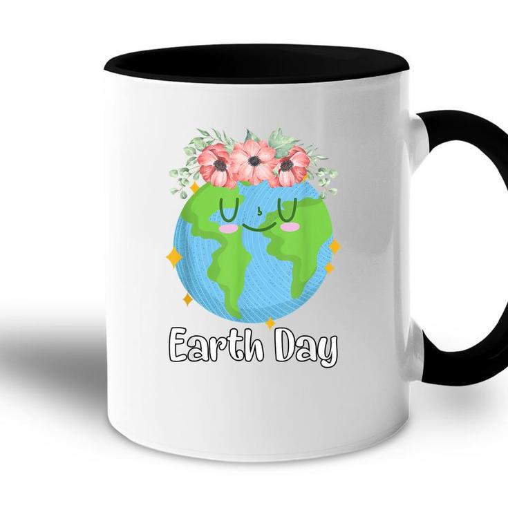 Happy Earth Day Cute Earth Smiles With Floral Earth Day 2022  Accent Mug