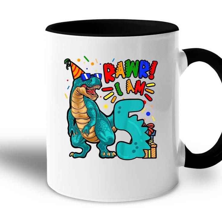 Kids 5Th Birthday Boy Dinosaur Rawr I Am 5 Years Old  Accent Mug