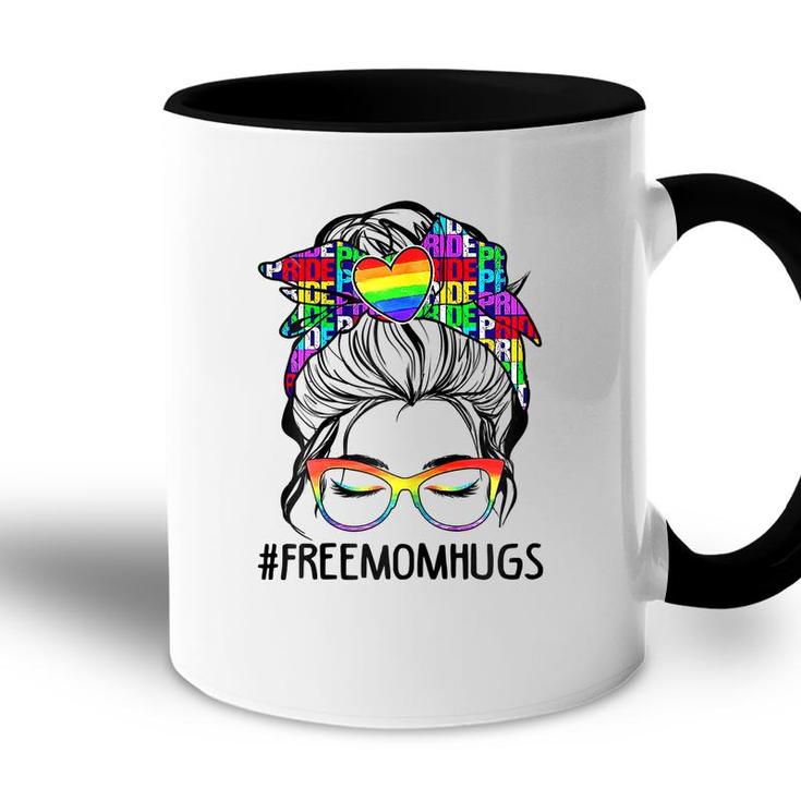 Womens Free Mom Hugs Messy Bun Lgbt Pride Rainbow  Accent Mug