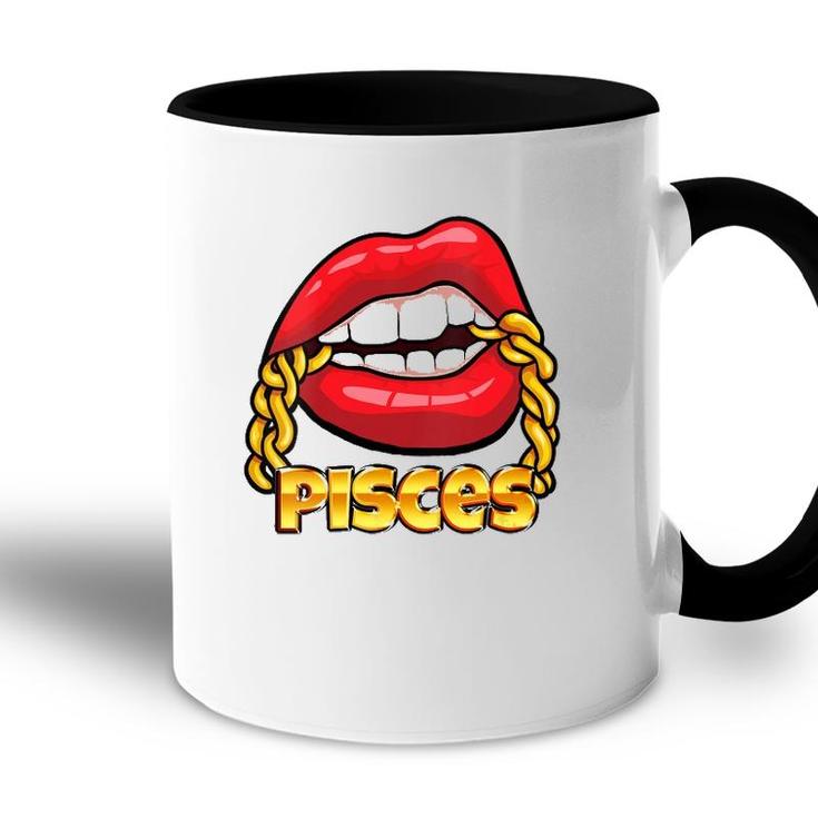 Womens Juicy Lips Gold Chain Pisces Zodiac Sign V-Neck Accent Mug