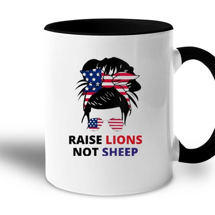 Womens Raise Lions Not Sheep American Flag Sunglasses Messy Bun V-Neck Accent Mug