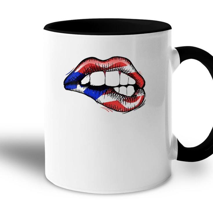 Womens Sexy Biting Lips Puerto Rico Flag V-Neck Accent Mug