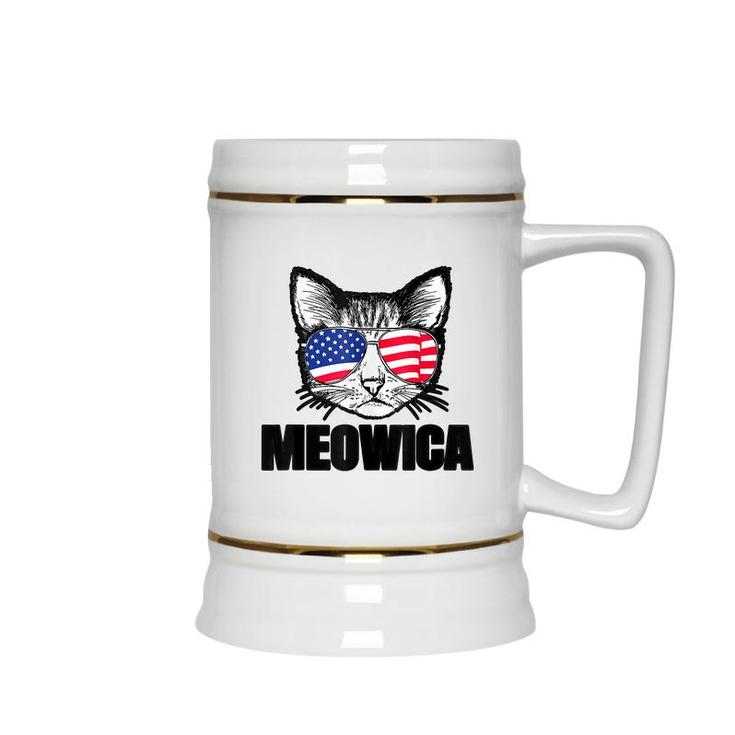 Meowica Patriotic Cat 4Th Of July  American Flag Graphics  Ceramic Beer Stein