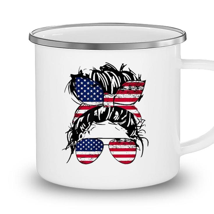 4Th Of July American Flag Patriotic Daughter Messy Bun Usa Camping Mug