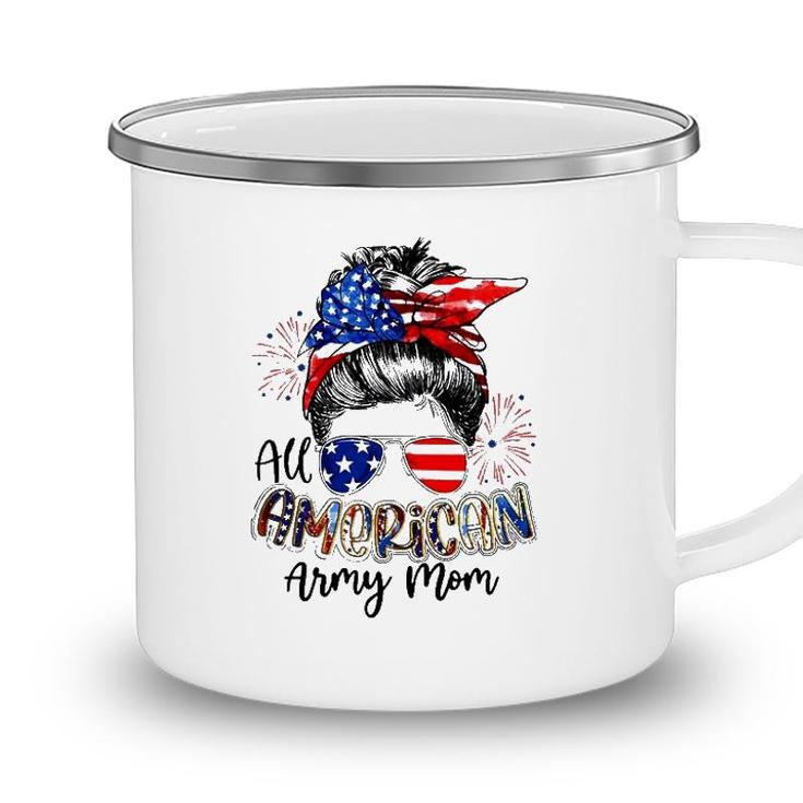 All American Army Mom 4Th Of July American Flag Bandana Sunglasses Fireworks Messy Bun Camping Mug
