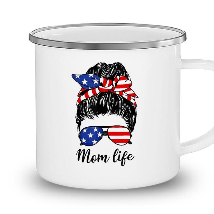 American Flag 4Th Of July Mom Life Messy Bun Mothers Day Camping Mug