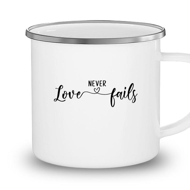 Bible Verse Black Graphic Love Never Fails Christian Camping Mug