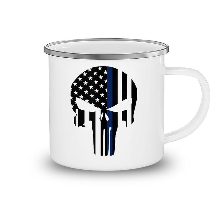 Blue Line American Skull Flag Support Police  Camping Mug