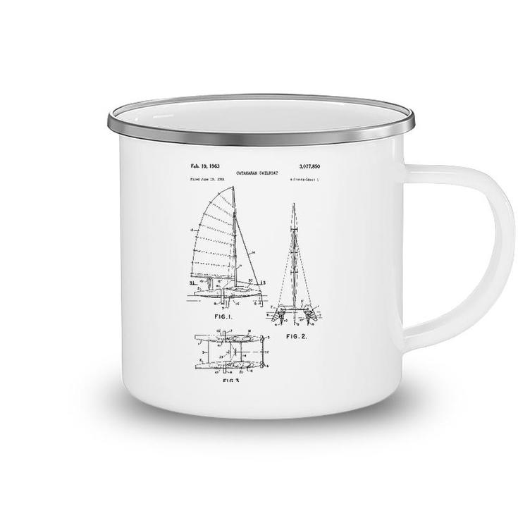 Catamaran Sailboat Blueprint - Old Sailing Boat Ocean Camping Mug