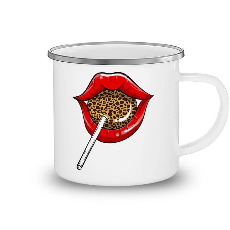 Funny Red Lip Leopard Print Gift Cheetah Lolly Men Women Camping Mug