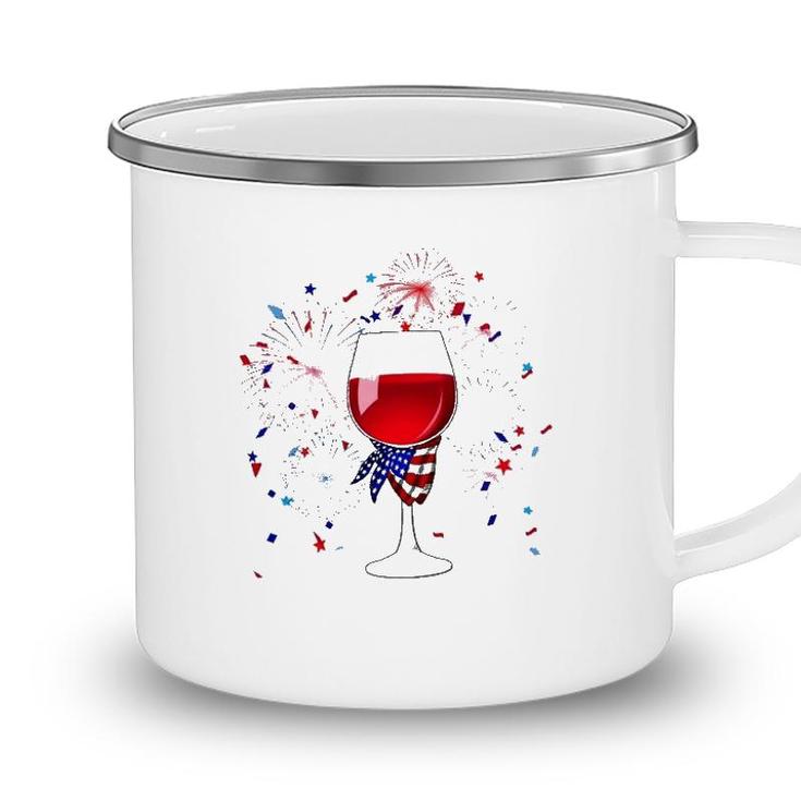 Happy 4Th Of July Us Flag Wine Glass And Fireworks Celebration Camping Mug