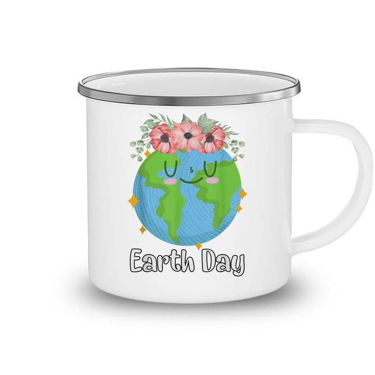 Happy Earth Day Cute Earth Smiles With Floral Earth Day 2022  Camping Mug