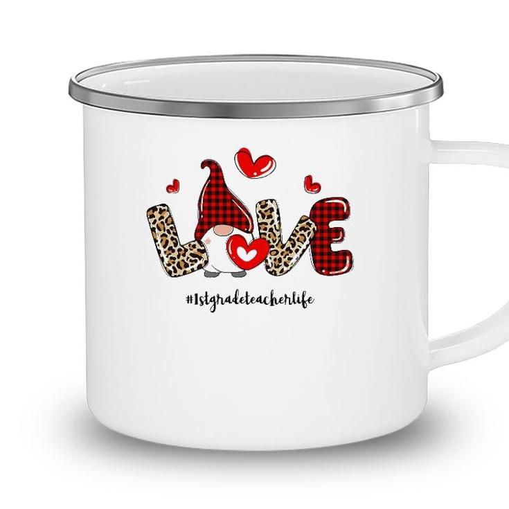Love 1St Grade Teacher Life Buffalo Plaid Valentines Gnome Camping Mug