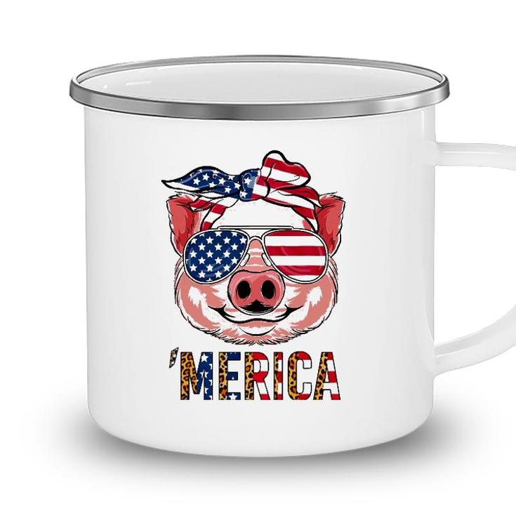Pig Merica 4Th Of July American Flag Leopard Funny Girls Kid Camping Mug