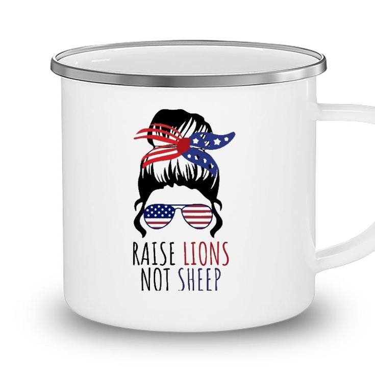 Raise Lions & Not Sheep American Flag Sunglasses Messy Bun Camping Mug