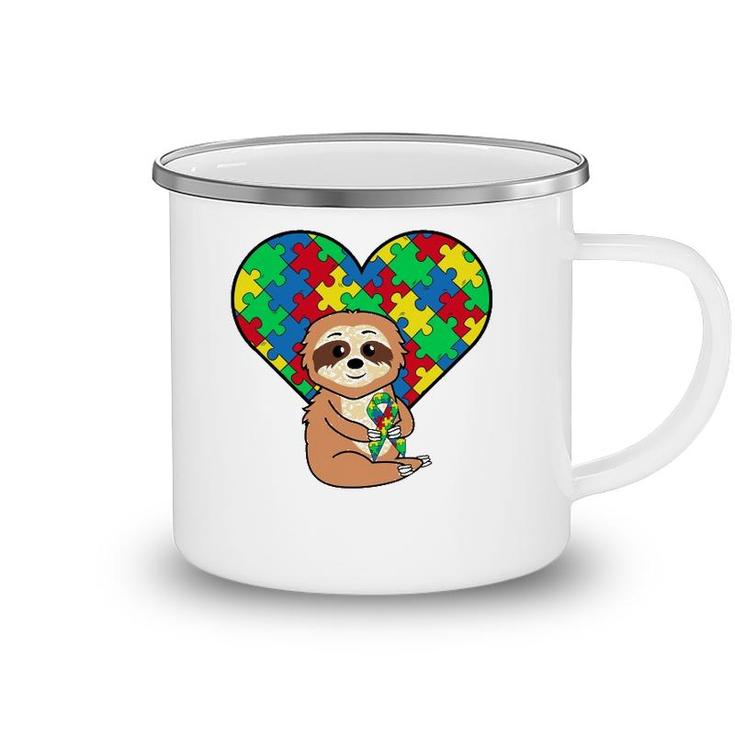 Sloth Heart Puzzle Piece Ribbon Cool Autism Awareness Gift Camping Mug