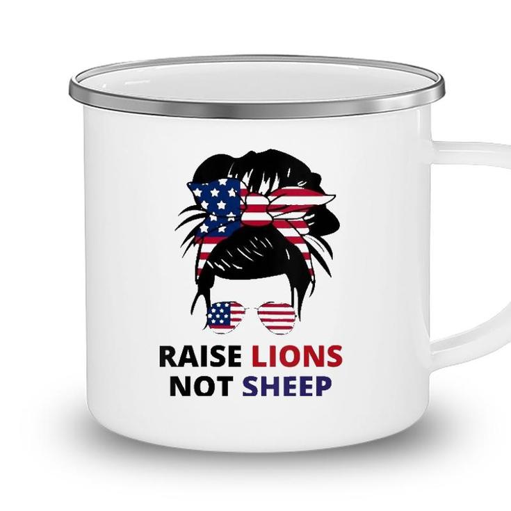Womens Raise Lions Not Sheep American Flag Sunglasses Messy Bun V-Neck Camping Mug