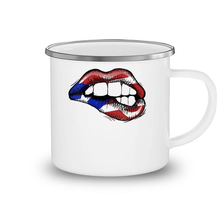 Womens Sexy Biting Lips Puerto Rico Flag V-Neck Camping Mug