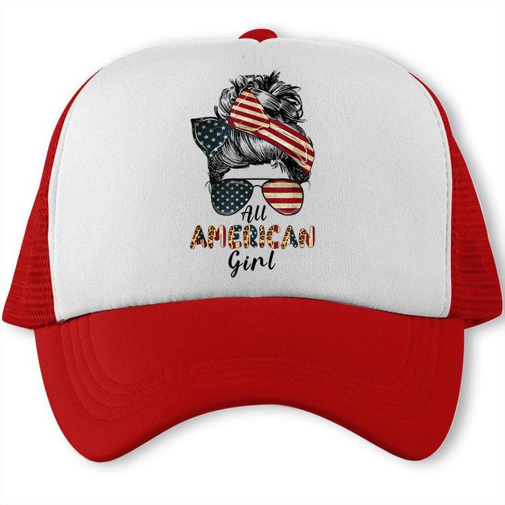 All American Girl Messy Bun Matching Family 4Th July Retro  Trucker Cap