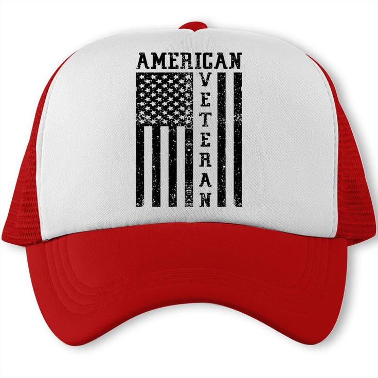 American Veteran Black Design Veteran 2022 Flag Trucker Cap